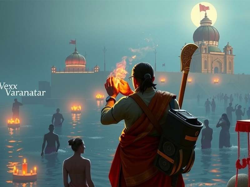 Vex Varanasi Holy Dash Game Cover showing Ganga Aarti at Dashashwamedh Ghat with game protagonist during sacred ritual